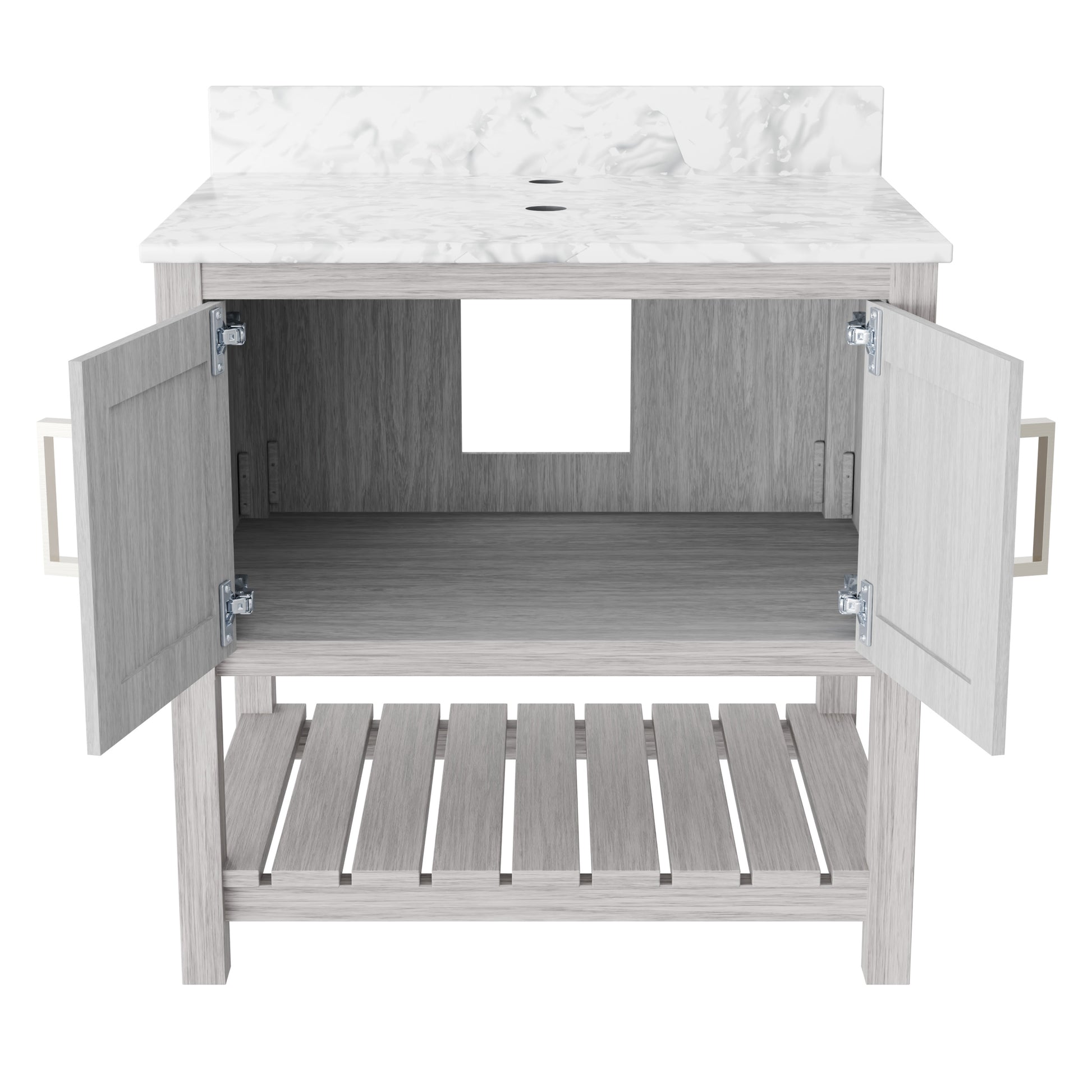 30-inch Novatto vanity with Carrara white marble counter, showcasing sleek design and polished surface.