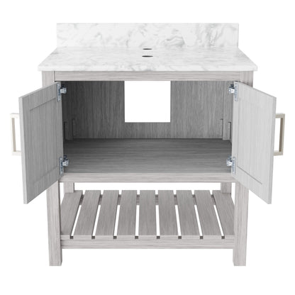 30-inch Novatto vanity with Carrara white marble counter, showcasing sleek design and polished surface.