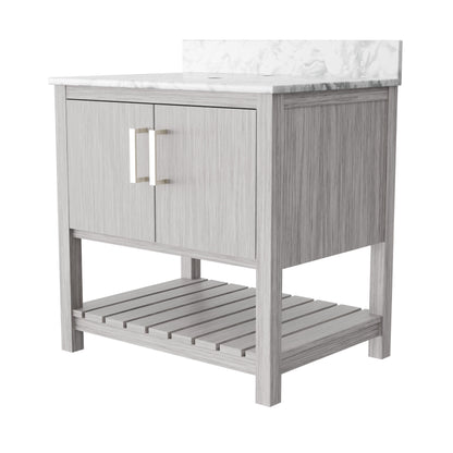 30-inch Novatto vanity with Carrara white marble countertop, showcasing a modern bathroom accessory design.