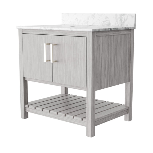 30-inch Novatto vanity with Carrara white marble countertop, showcasing a modern bathroom accessory design.