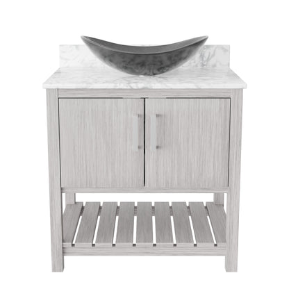 30-inch Novatto bath vanity with Carrara white marble counter and integrated sink, showcasing elegant bathroom accessory design.