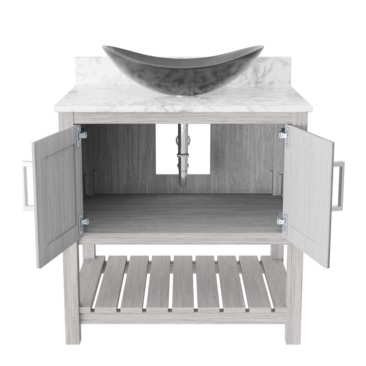 30-inch Novatto bath vanity with Carrara white marble countertop and integrated sink, modern bathroom accessory.
