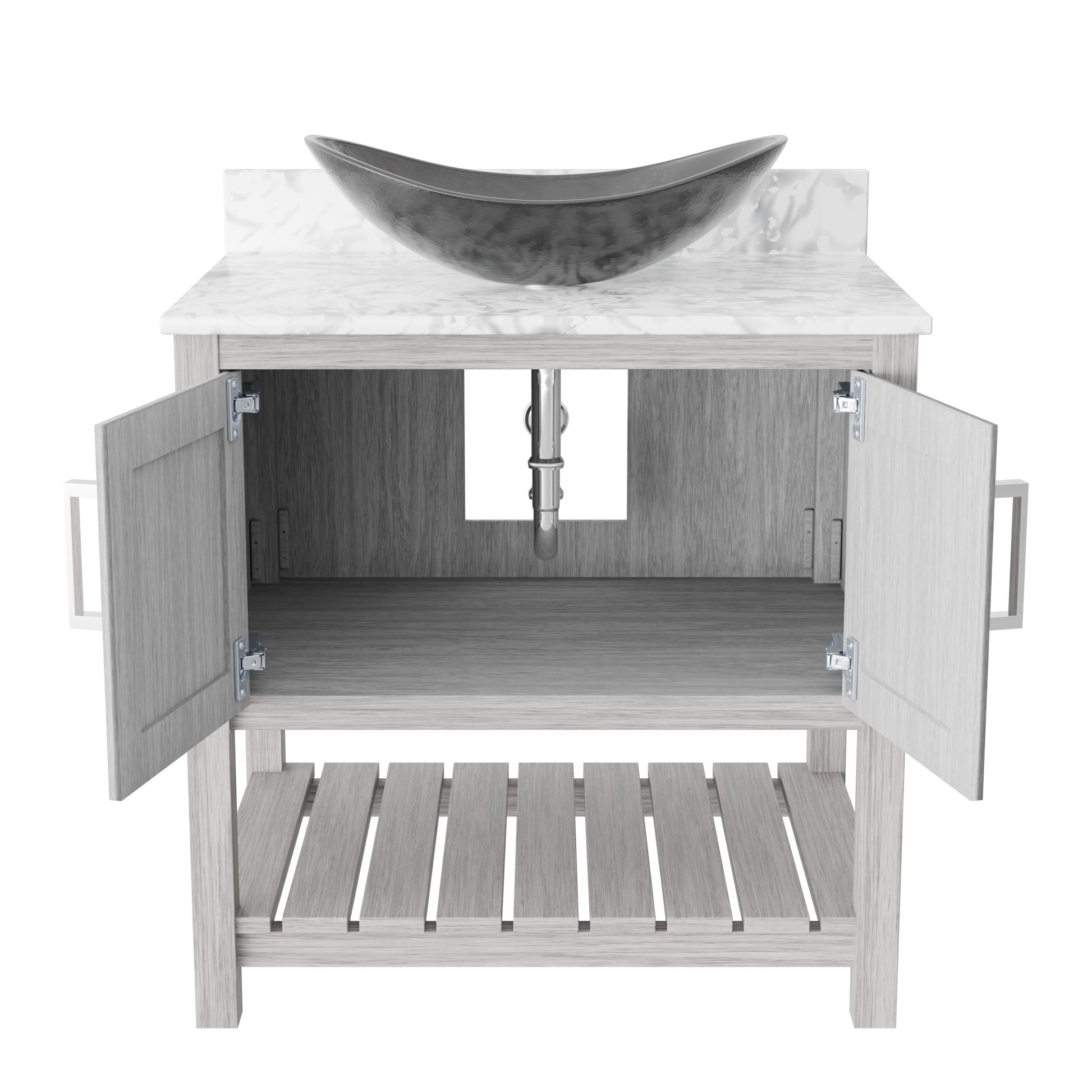 30-inch Novatto bath vanity with Carrara white marble countertop and integrated sink, modern bathroom accessory.