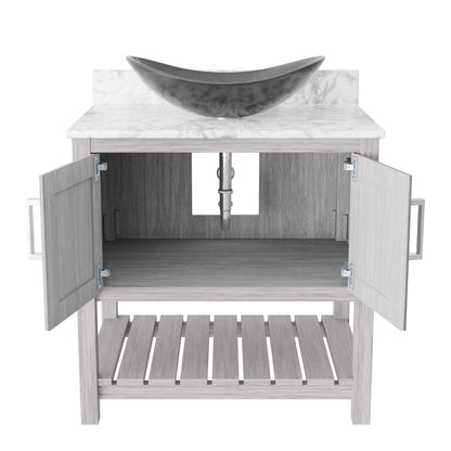 30-inch Novatto bath vanity with Carrara white marble countertop and integrated sink, modern bathroom accessory.