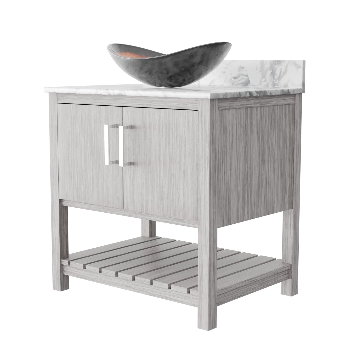 30-inch Novatto bath vanity with Carrara white marble countertop and integrated sink, showcasing elegant bathroom accessory design.