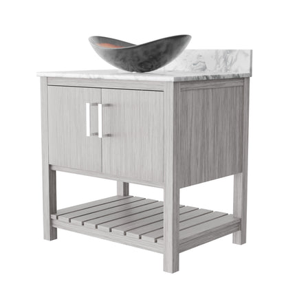 30-inch Novatto bath vanity with Carrara white marble countertop and integrated sink, showcasing elegant bathroom accessory design.