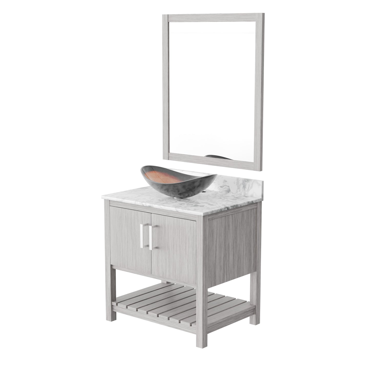 30-inch Novatto bath vanity with Carrara white marble counter and integrated sink, showcasing elegant bathroom accessory.