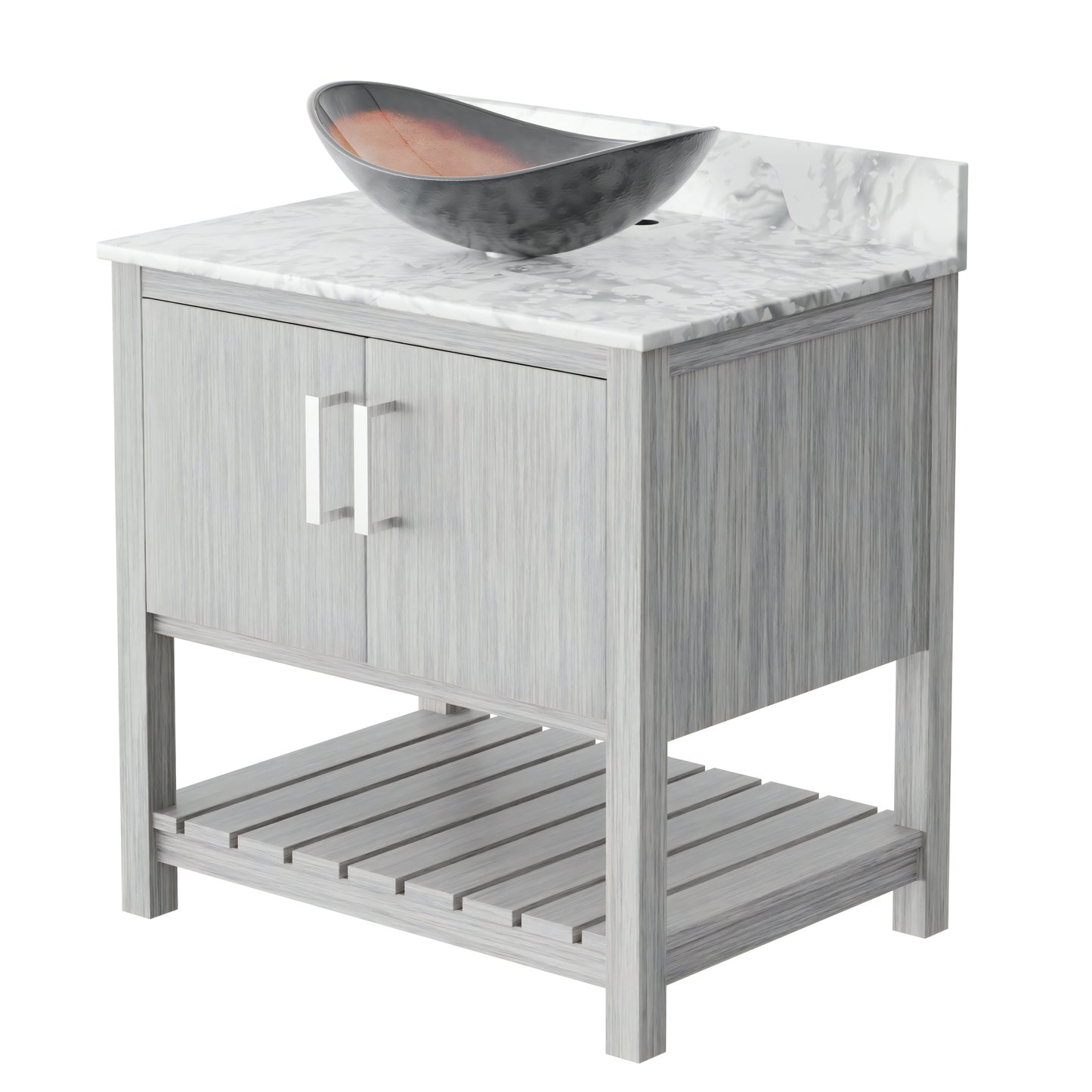 30-inch Novatto bathroom vanity with Carrara white marble counter and sink, featuring modern design and polished finish.