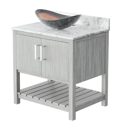 30-inch Novatto bathroom vanity with Carrara white marble counter and sink, featuring modern design and polished finish.