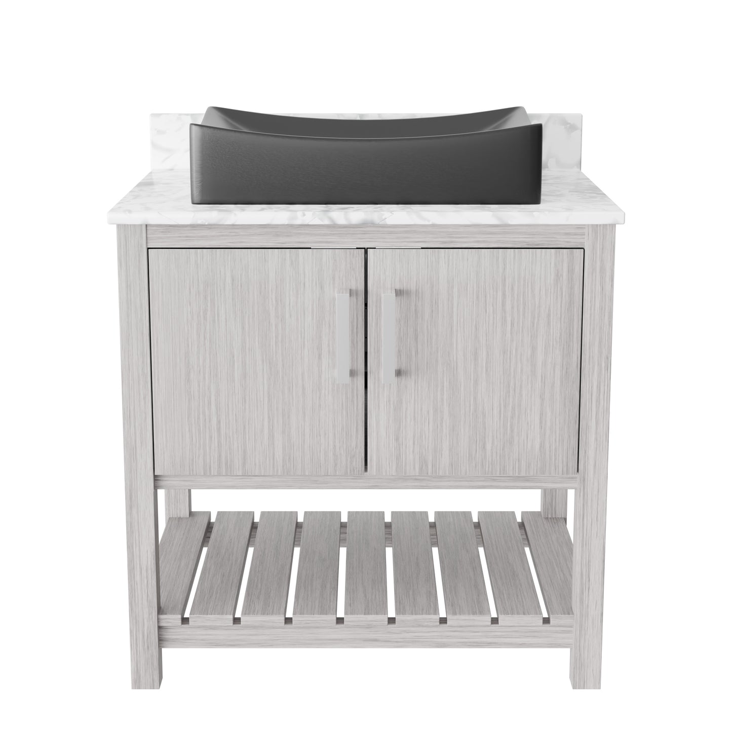 30-inch Novatto bath vanity with Carrara white marble counter and sink, featuring elegant, modern bathroom accessory design.