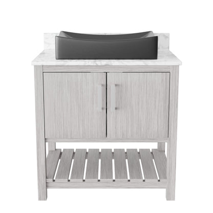 30-inch Novatto bath vanity with Carrara white marble counter and sink, featuring elegant, modern bathroom accessory design.