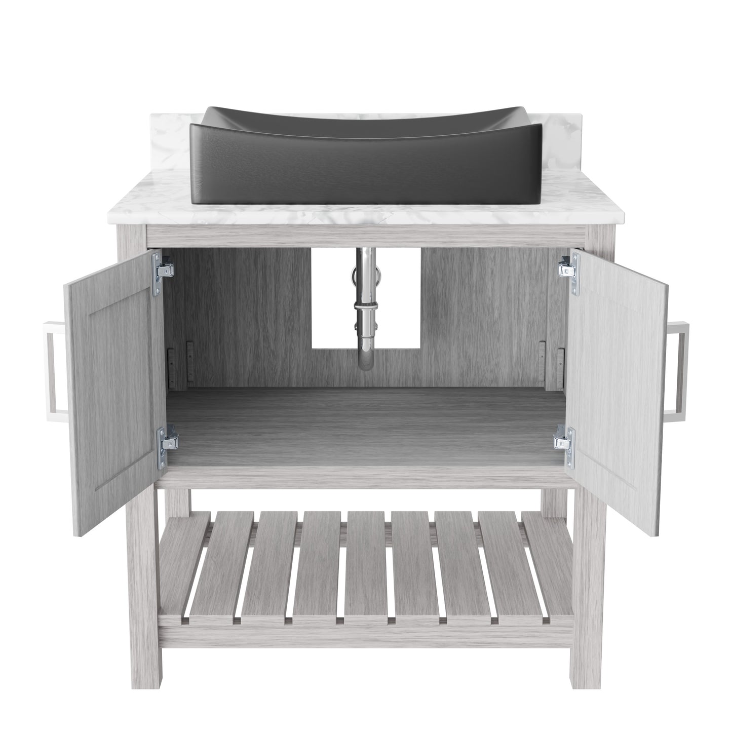 30-inch Novatto bathroom vanity with Carrara white marble countertop and integrated sink, modern accessory for bathroom decor.