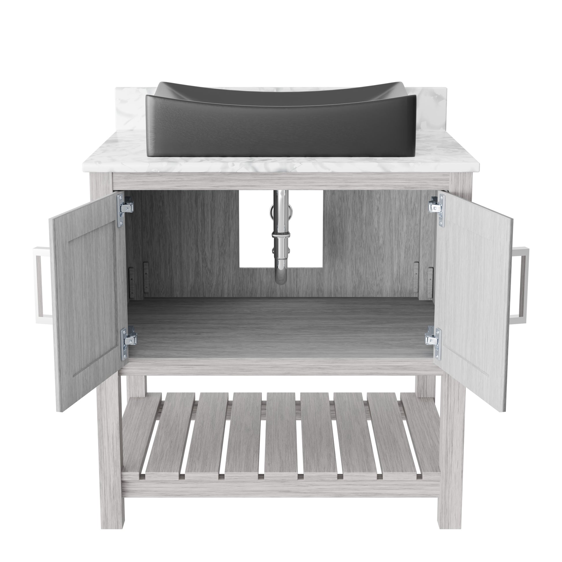 30-inch Novatto bathroom vanity with Carrara white marble countertop and integrated sink, modern accessory for bathroom decor.