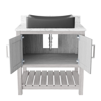 30-inch Novatto bathroom vanity with Carrara white marble countertop and integrated sink, modern accessory for bathroom decor.