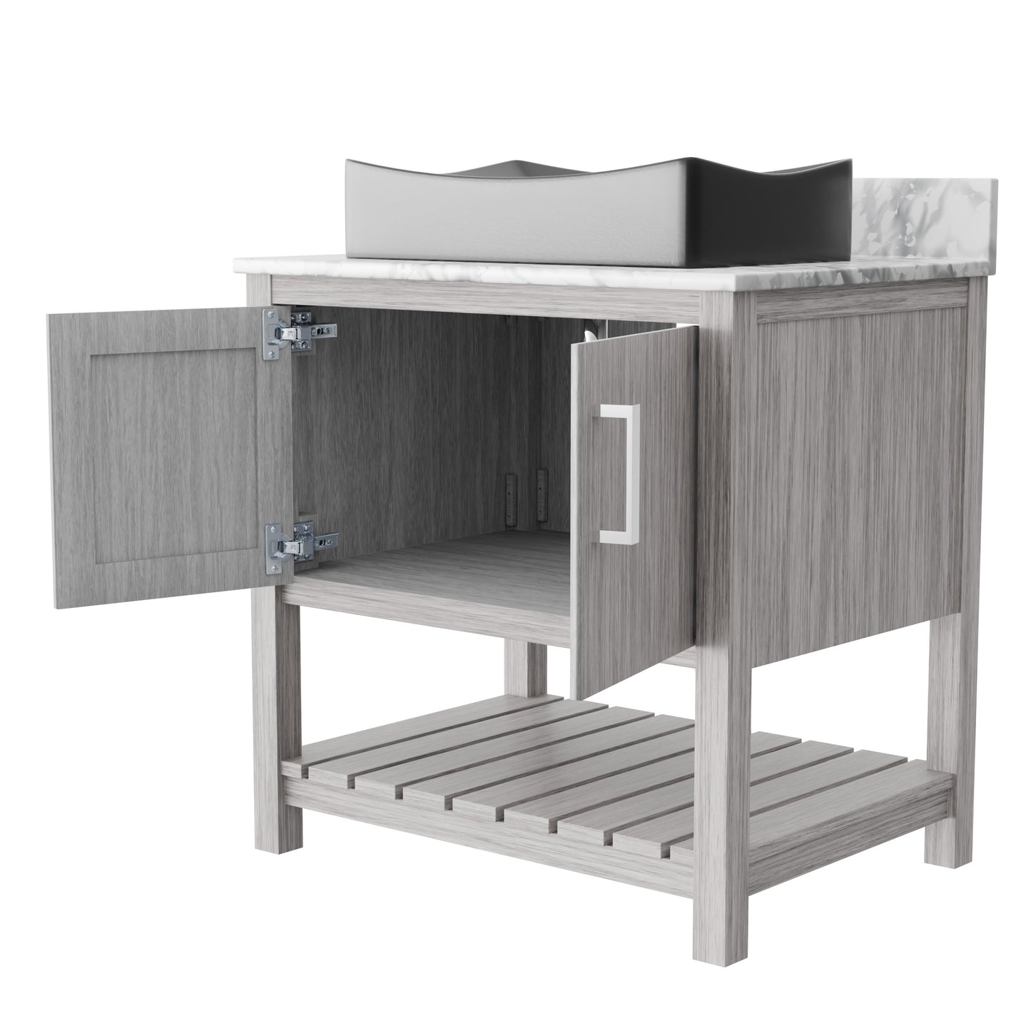 30-inch Novatto bath vanity with Carrara white marble countertop and sink, featuring modern design and sleek finish.