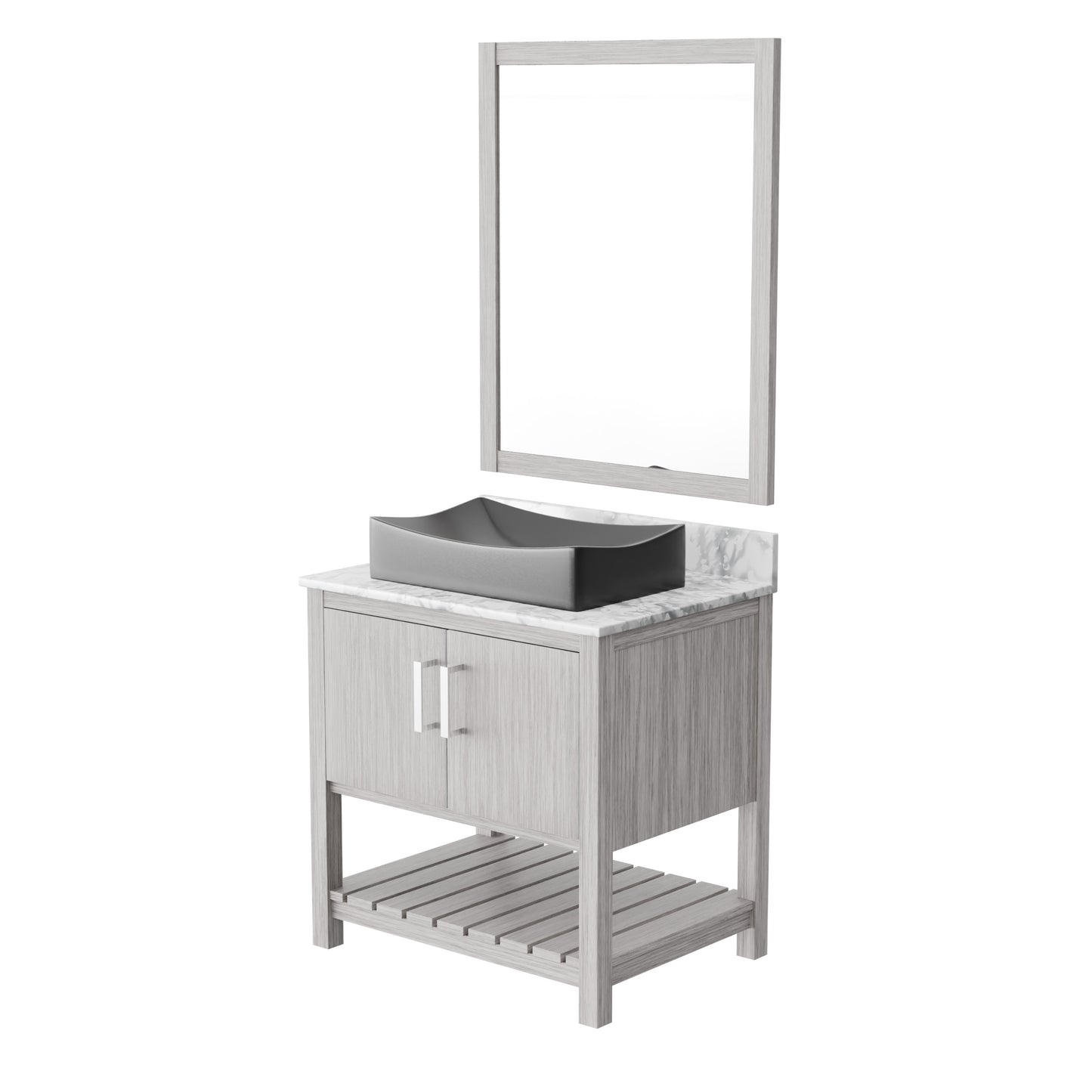 30-inch Novatto bath vanity with Carrara white marble countertop and sink, showcasing a modern bathroom accessory design.