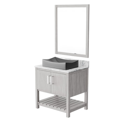 30-inch Novatto bath vanity with Carrara white marble countertop and sink, showcasing a modern bathroom accessory design.