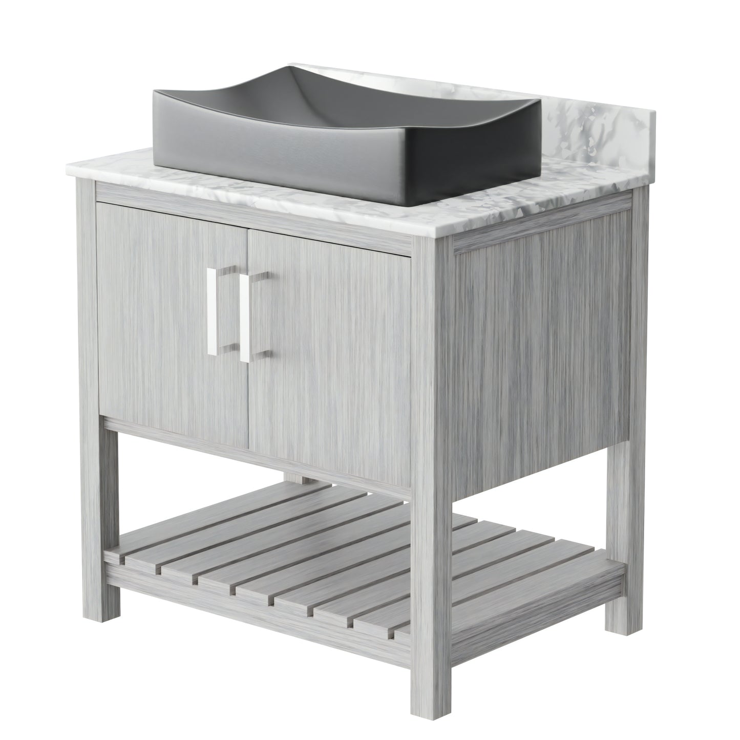 30-inch Novatto bath vanity with Carrara white marble counter and sink, featuring elegant modern bathroom accessory design