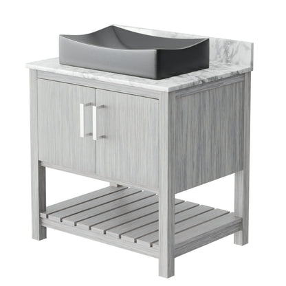 30-inch Novatto bath vanity with Carrara white marble counter and sink, featuring elegant modern bathroom accessory design