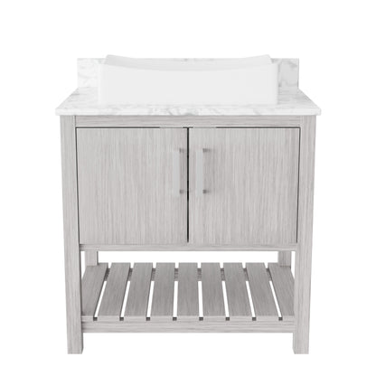 30-inch Novatto bath vanity with Carrara white marble counter and sink, featuring sleek modern design and polished finish.