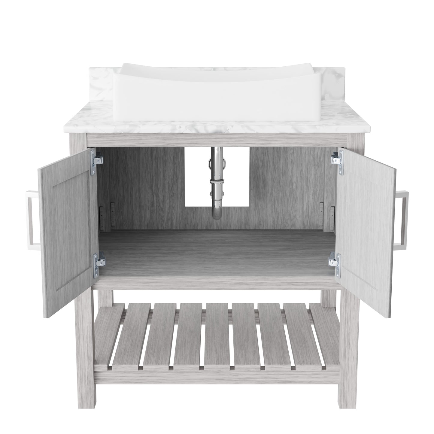 30-inch Novatto bath vanity with Carrara white marble countertop and sink, showcasing elegant bathroom accessory design.