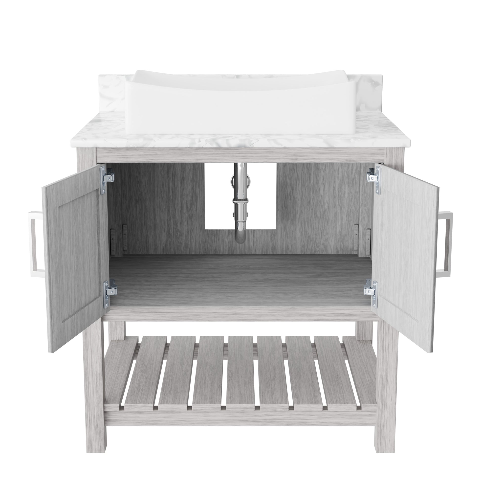 30-inch Novatto bath vanity with Carrara white marble countertop and sink, showcasing elegant bathroom accessory design.