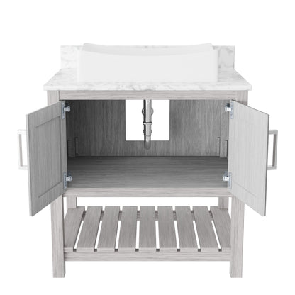 30-inch Novatto bath vanity with Carrara white marble countertop and sink, showcasing elegant bathroom accessory design.