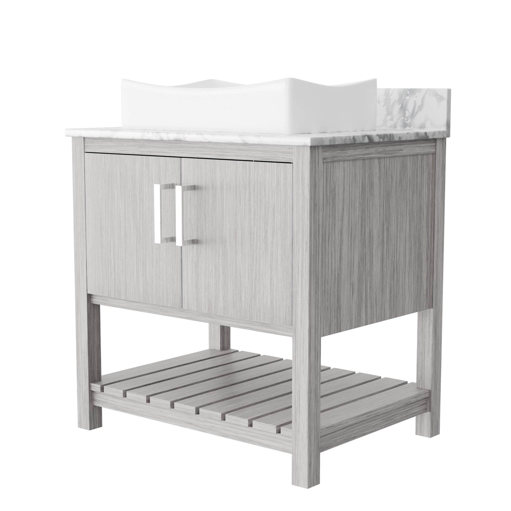 Novatto 30-inch bathroom vanity with Carrara white marble countertop and sink, modern bathroom accessory with sleek design