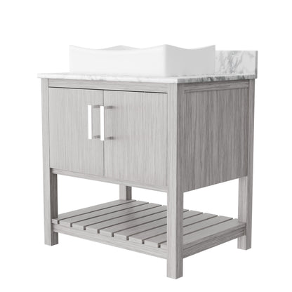 Novatto 30-inch bathroom vanity with Carrara white marble countertop and sink, modern bathroom accessory with sleek design