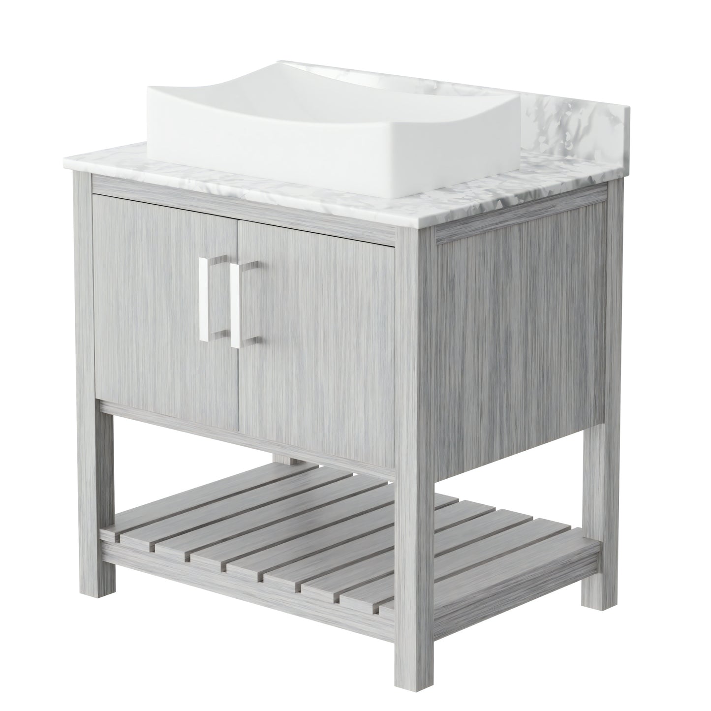 30-inch Novatto bath vanity with Carrara white marble counter and integrated sink, showcasing elegant bathroom accessory design.