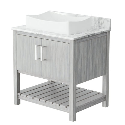 30-inch Novatto bath vanity with Carrara white marble counter and integrated sink, showcasing elegant bathroom accessory design.