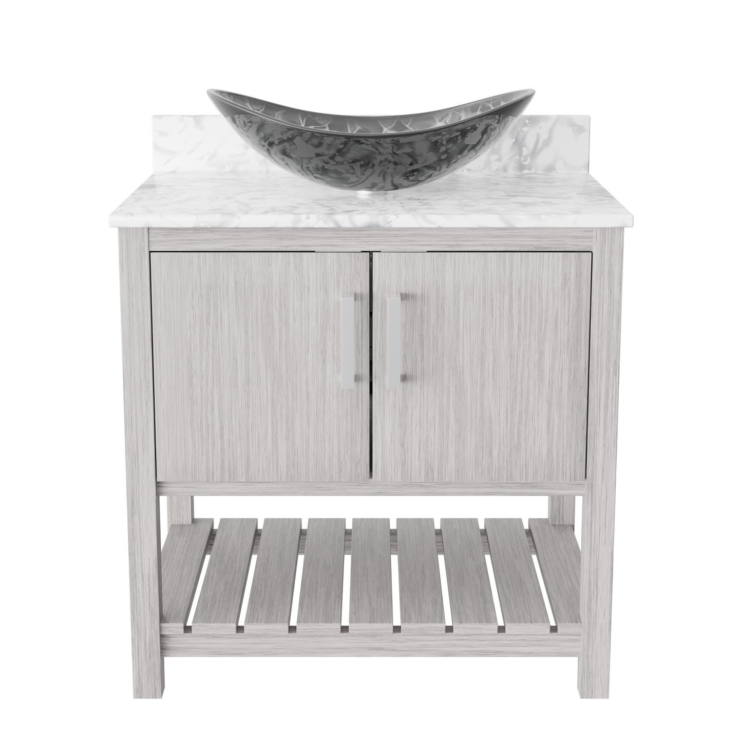 30-inch Novatto bath vanity with Carrara white marble countertop and integrated sink, showcasing elegant bathroom accessory design.