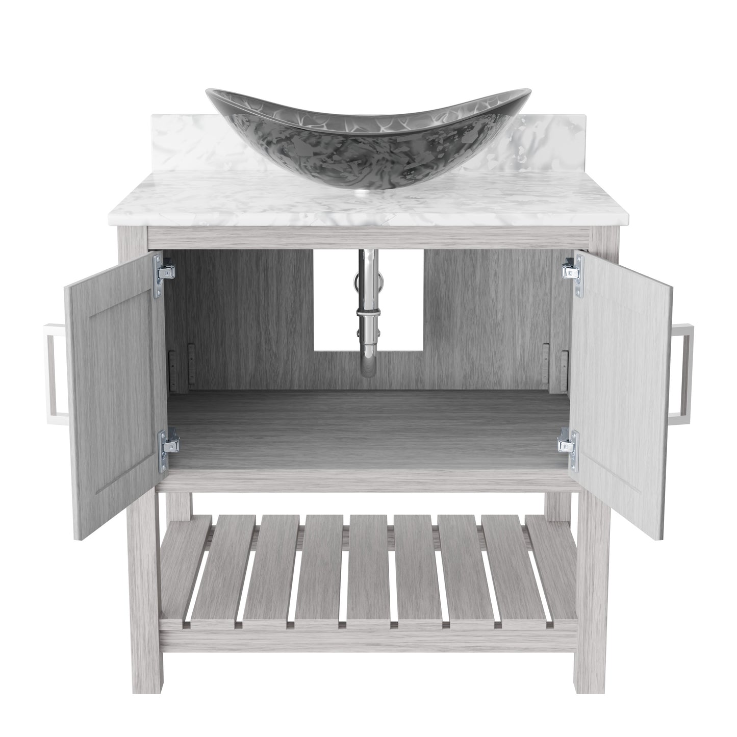 30-inch Novatto bath vanity with Carrara white marble counter and sink, showing sleek design and elegant surface details.