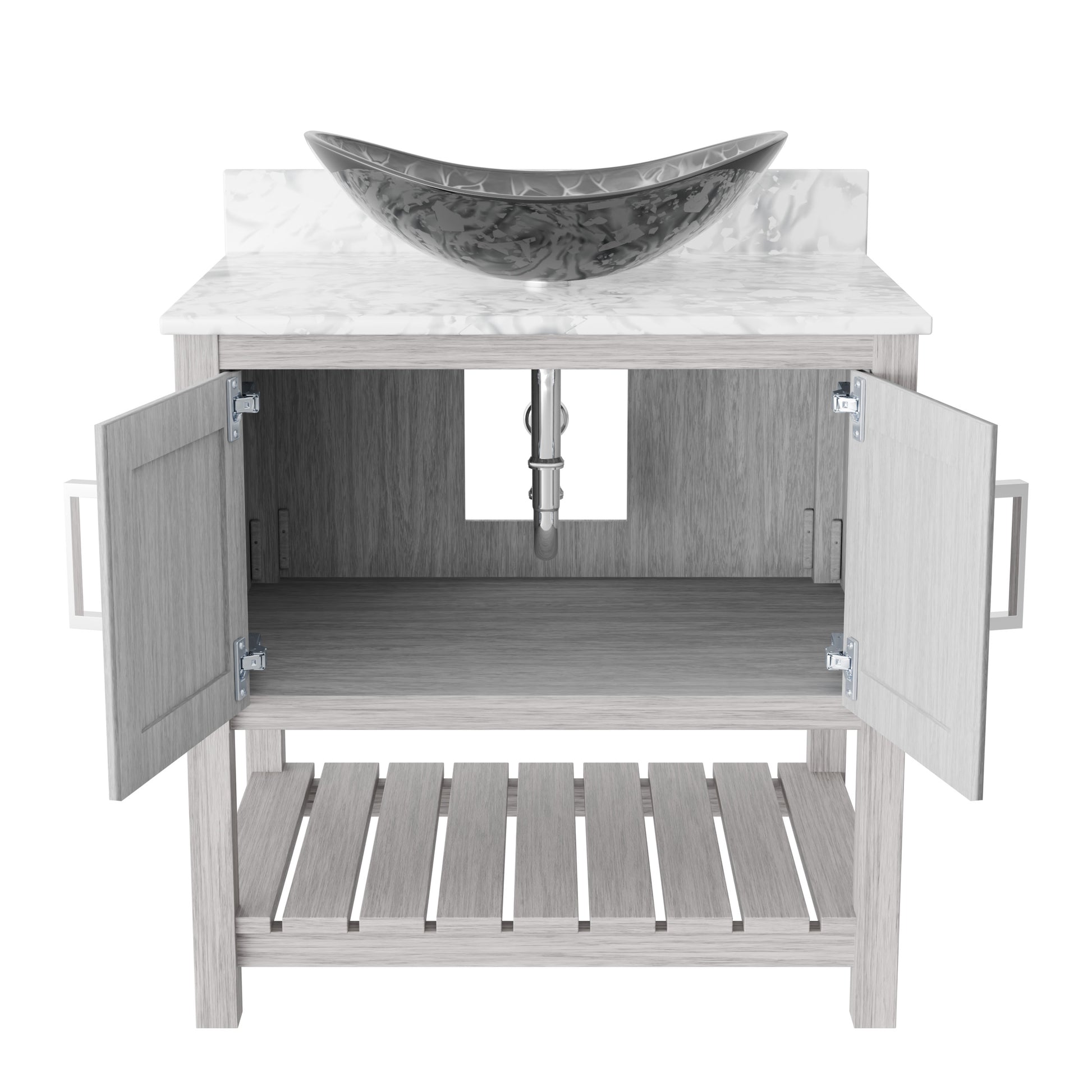 30-inch Novatto bath vanity with Carrara white marble counter and sink, showing sleek design and elegant surface details.
