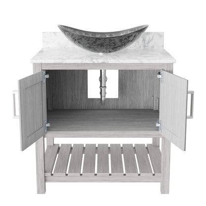 30-inch Novatto bath vanity with Carrara white marble counter and sink, showing sleek design and elegant surface details.