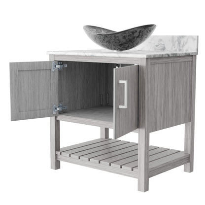 30-inch Novatto bath vanity with Carrara white marble countertop and sink, showcasing elegant bathroom accessory design.