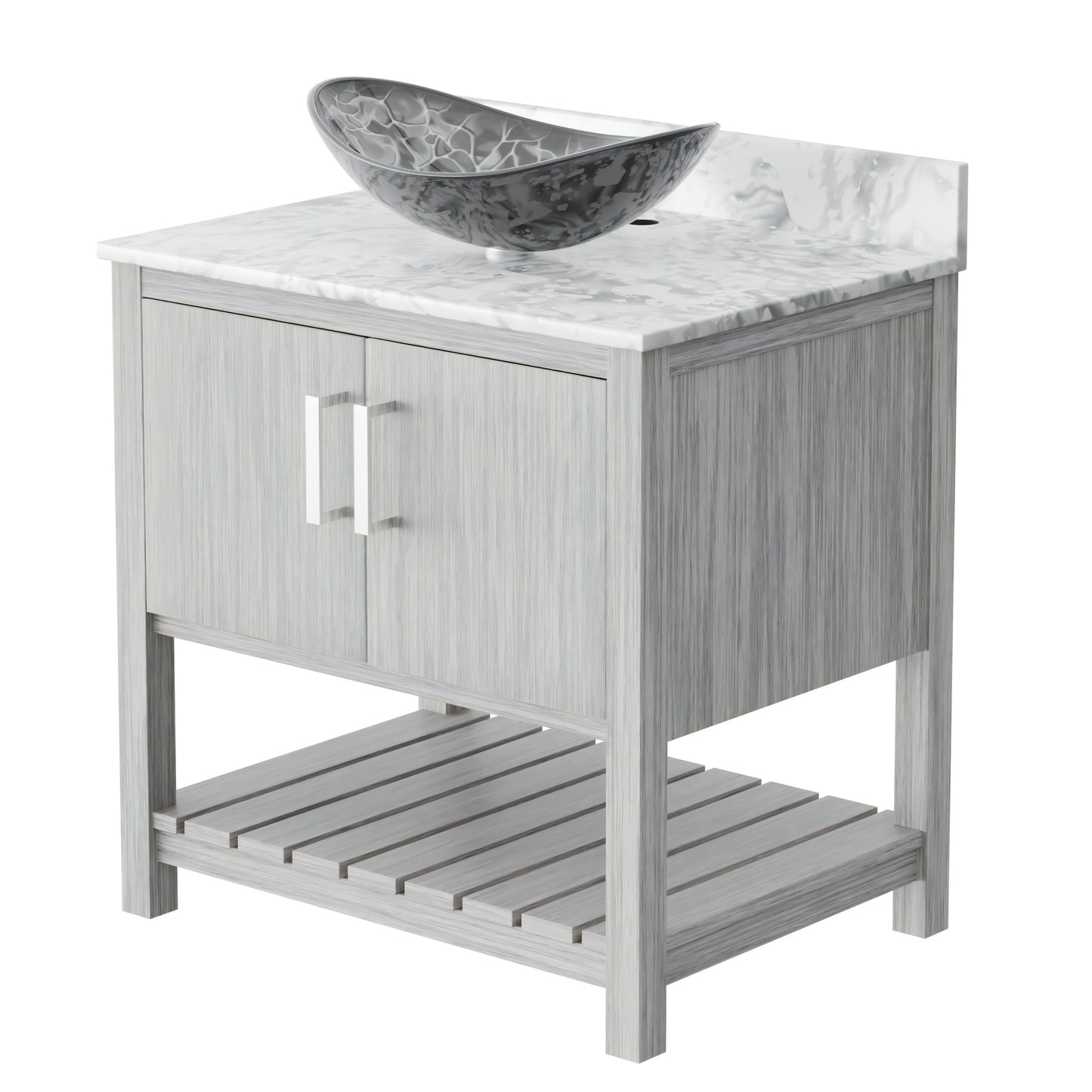 Novatto 30-inch bath vanity with Carrara white marble countertop and sink, showcasing elegant bathroom accessory design.