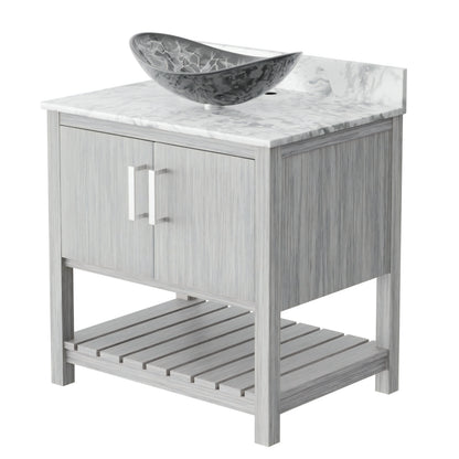 Novatto 30-inch bath vanity with Carrara white marble countertop and sink, showcasing elegant bathroom accessory design.