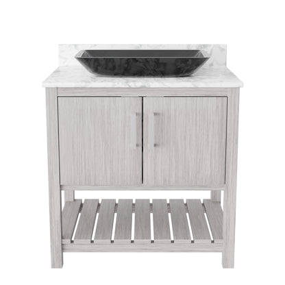 30-inch Novatto bath vanity with Carrara white marble counter and integrated sink, modern bathroom accessory.