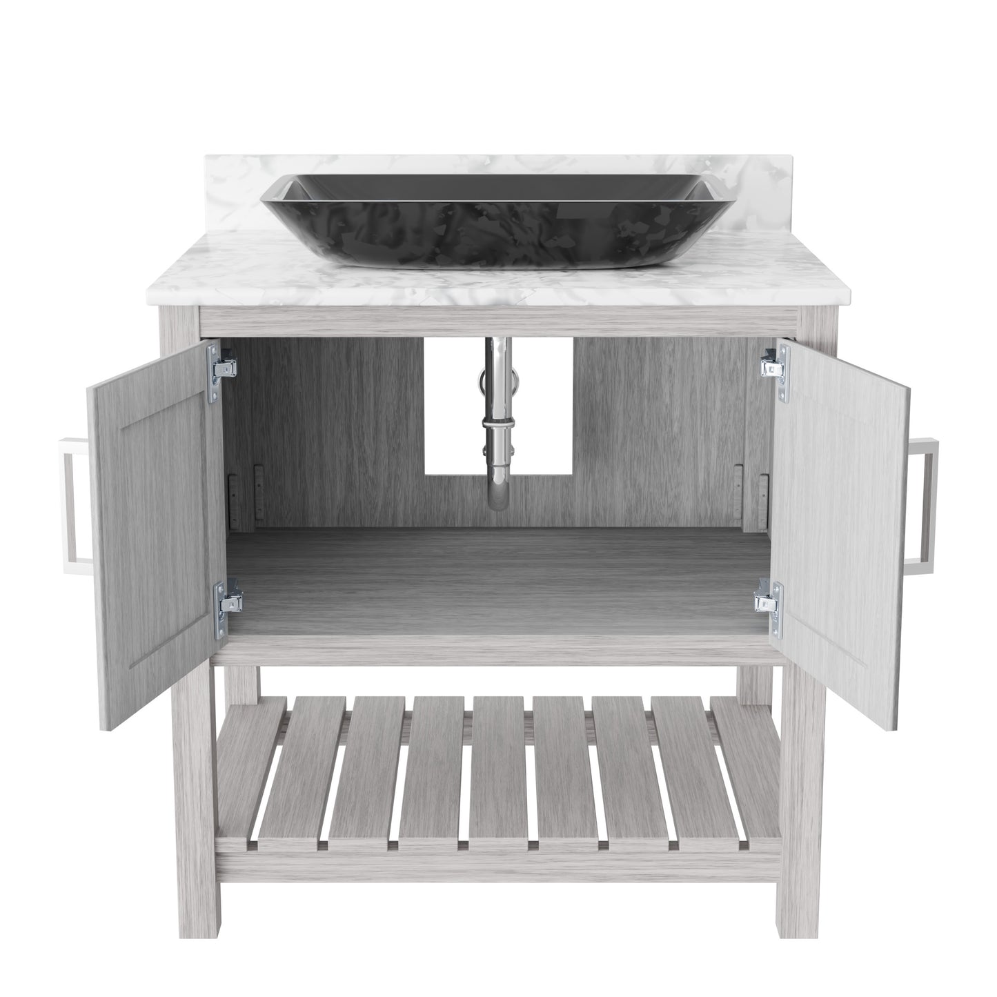 30-inch Novatto bath vanity with Carrara white marble countertop and integrated sink, modern bathroom accessory.