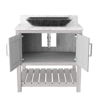 30-inch Novatto bath vanity with Carrara white marble countertop and integrated sink, modern bathroom accessory.