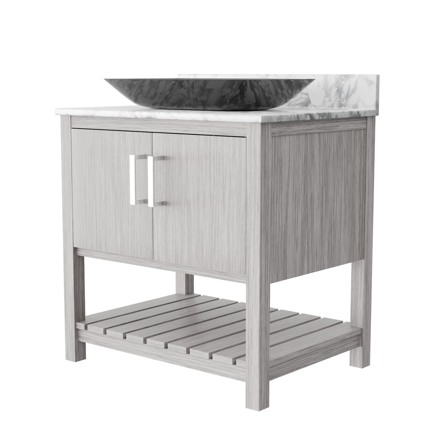 30-inch Novatto bath vanity with Carrara white marble counter and integrated sink, showcasing elegant bathroom accessory design.