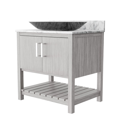 30-inch Novatto bath vanity with Carrara white marble counter and integrated sink, showcasing elegant bathroom accessory design.