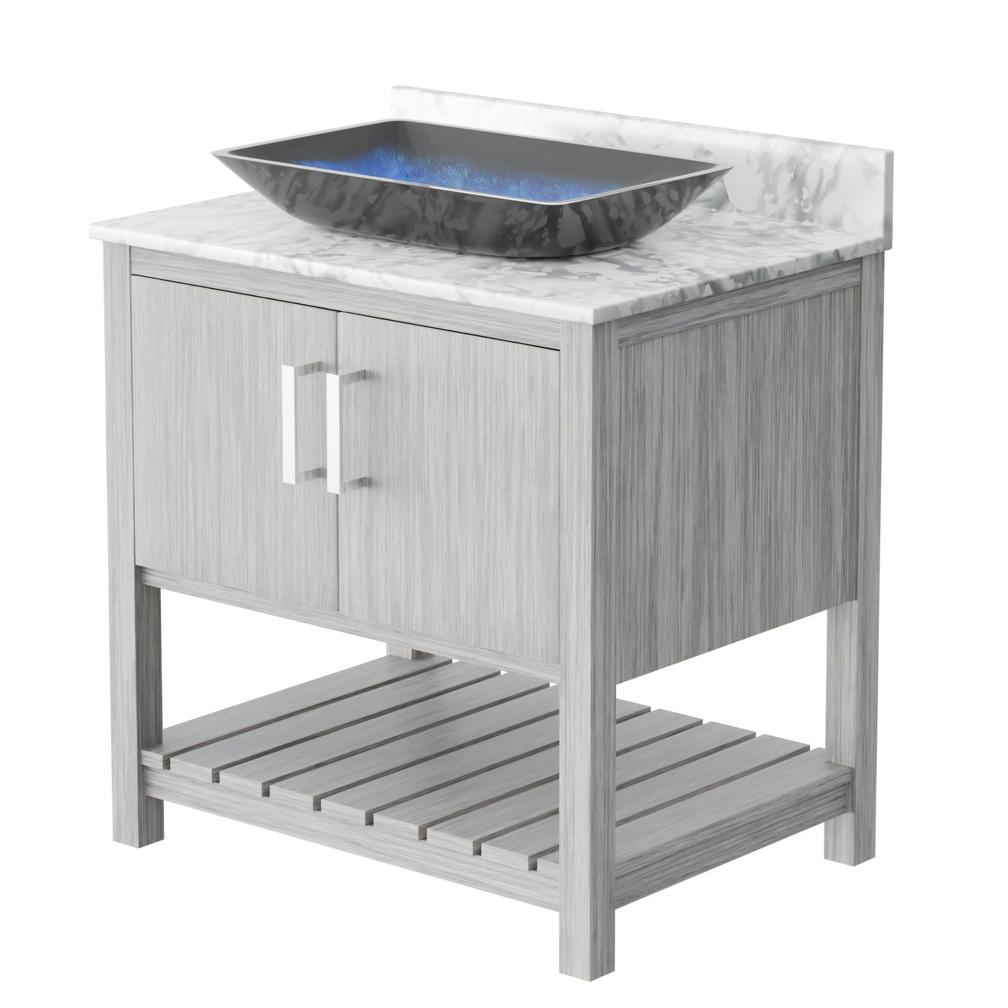30-inch Novatto bath vanity with Carrara white marble countertop and sink, showcasing elegant bathroom accessory design.