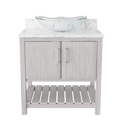30-inch Novatto bath vanity with Carrara white marble countertop and sink, showcasing modern bathroom accessory design.