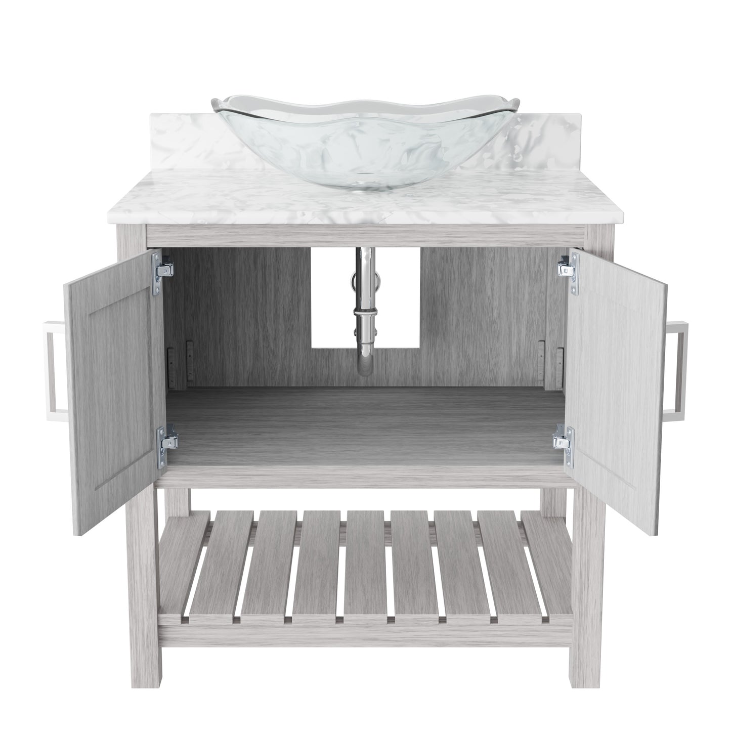30-inch Novatto bath vanity with Carrara white marble countertop and sink, featuring sleek modern design and durable construction.