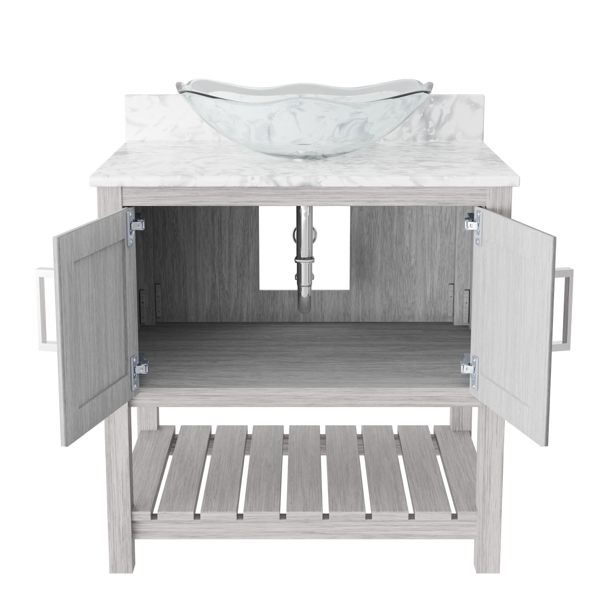 30-inch Novatto bath vanity with Carrara white marble countertop and sink, featuring sleek modern design and durable construction.