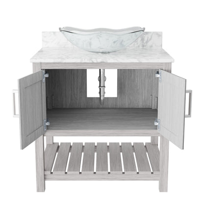 30-inch Novatto bath vanity with Carrara white marble countertop and sink, featuring sleek modern design and durable construction.