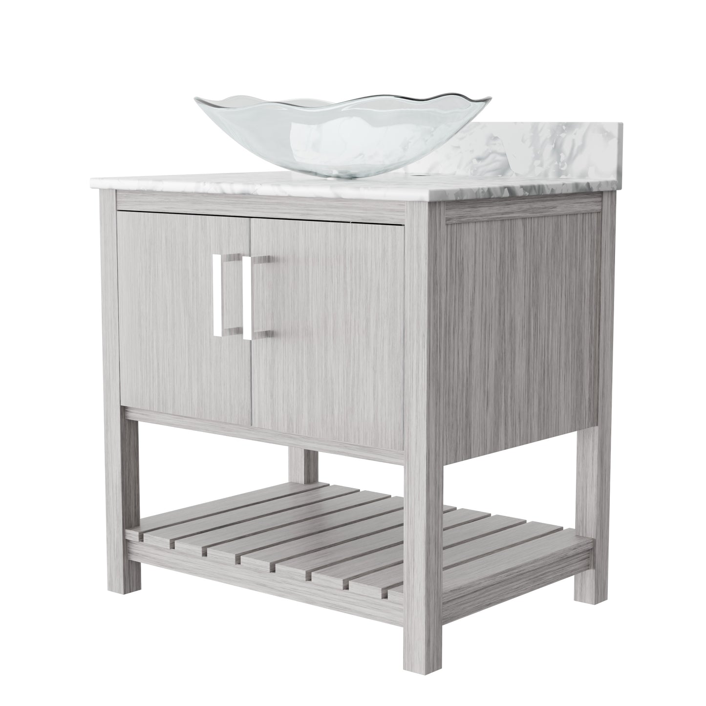 30-inch Novatto bath vanity with Carrara white marble counter and sink, showcasing the elegant design and natural stone finish.