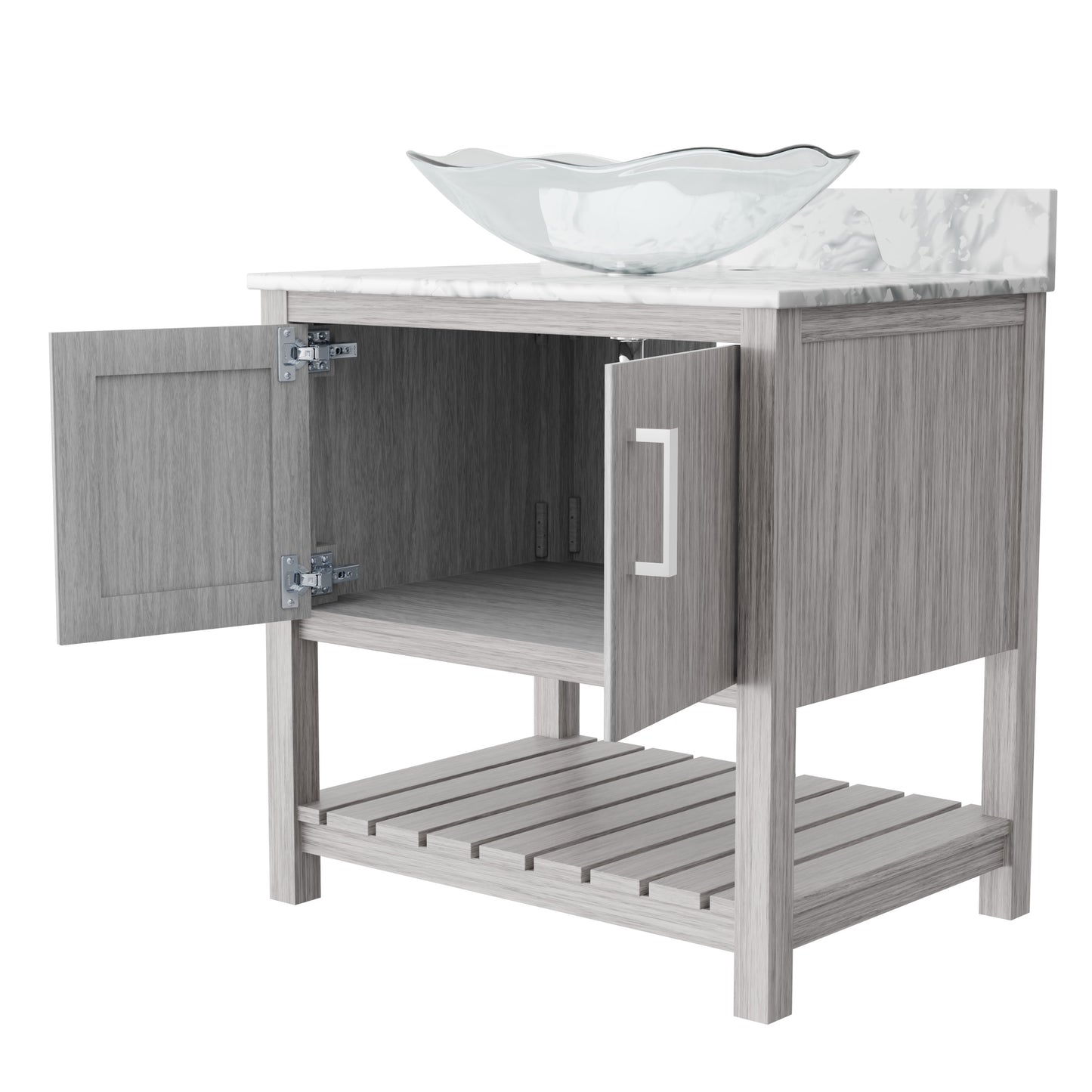 30-inch Novatto bath vanity with Carrara white marble countertop and sink, showcasing a sleek bathroom accessory design.